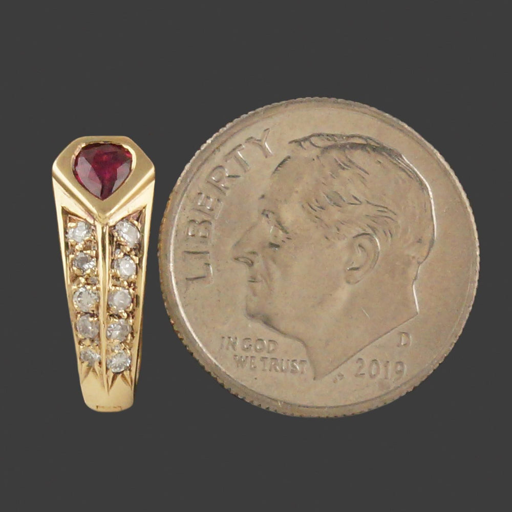 Vintage Modernist Solid 18K Yellow Gold, Ruby & Diamond Huggie J Hoop Earrings, Olde Towne Jewelers, Santa Rosa CA.