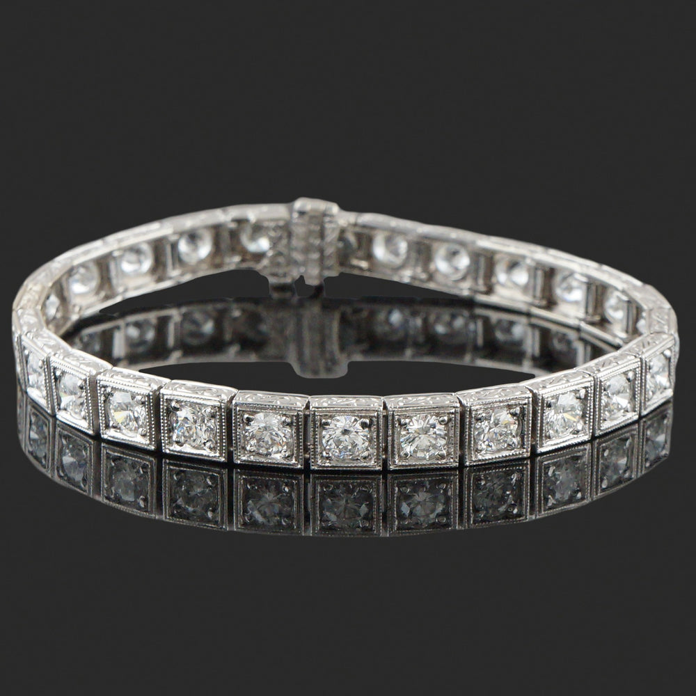 Art Deco Style Engraved Solid 18K White Gold Diamond Link 6.5" Tennis Bracelet