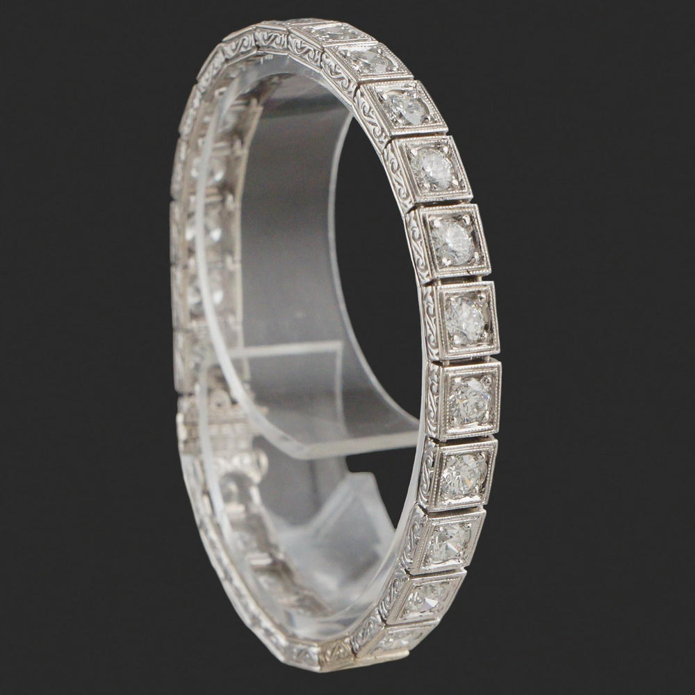 Art Deco Style Engraved Solid 18K White Gold Diamond Link 6.5" Tennis Bracelet, Olde Towne Jewelers, Santa Rosa CA.