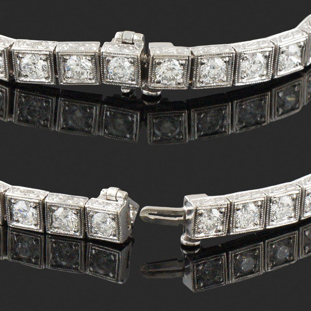 Art Deco Style Engraved Solid 18K White Gold Diamond Link 6.5" Tennis Bracelet, Olde Towne Jewelers, Santa Rosa CA.