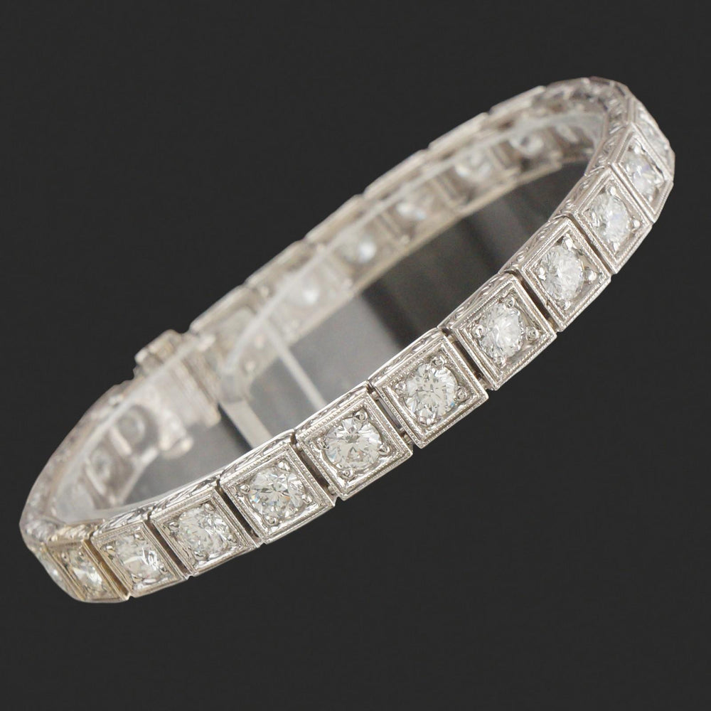Art Deco Style Engraved Solid 18K White Gold Diamond Link 6.5" Tennis Bracelet, Olde Towne Jewelers, Santa Rosa CA.