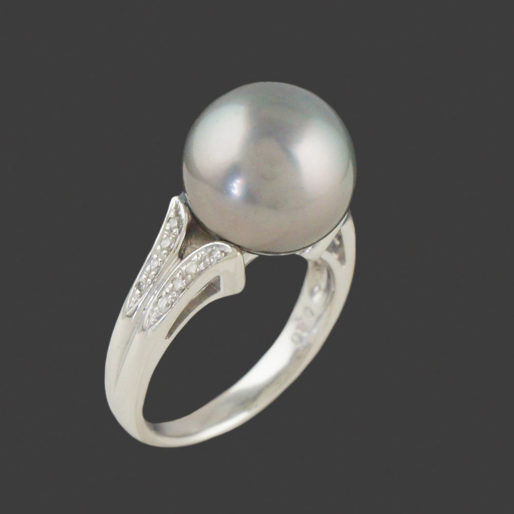 Modern Platinum 12.0mm Tahitian Pearl & Pavé Diamond Estate Cocktail Ring