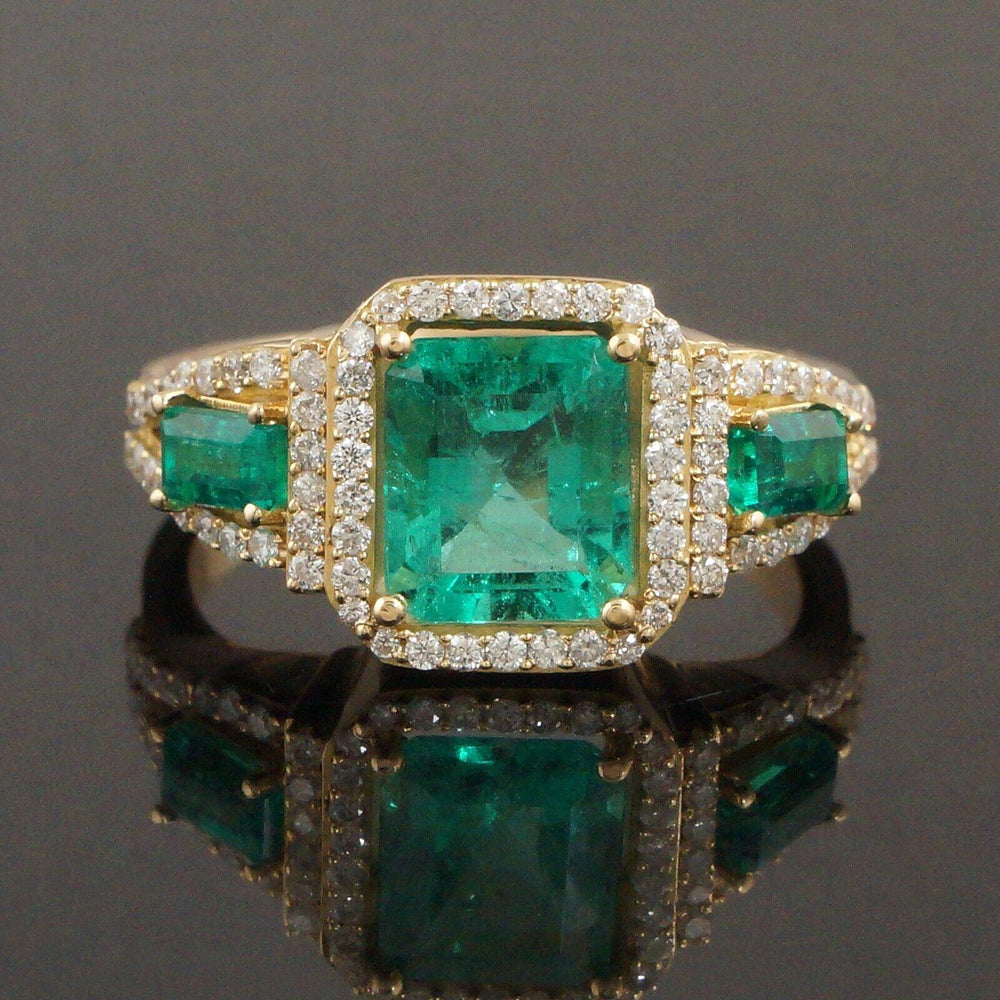 Exquisite Solid 18K Yellow Gold 3.45 CTW Emerald .65 CTW Pave Diamond Halo Ring