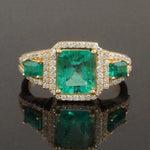 Exquisite Solid 18K Yellow Gold 3.45 CTW Emerald .65 CTW Pave Diamond Halo Ring