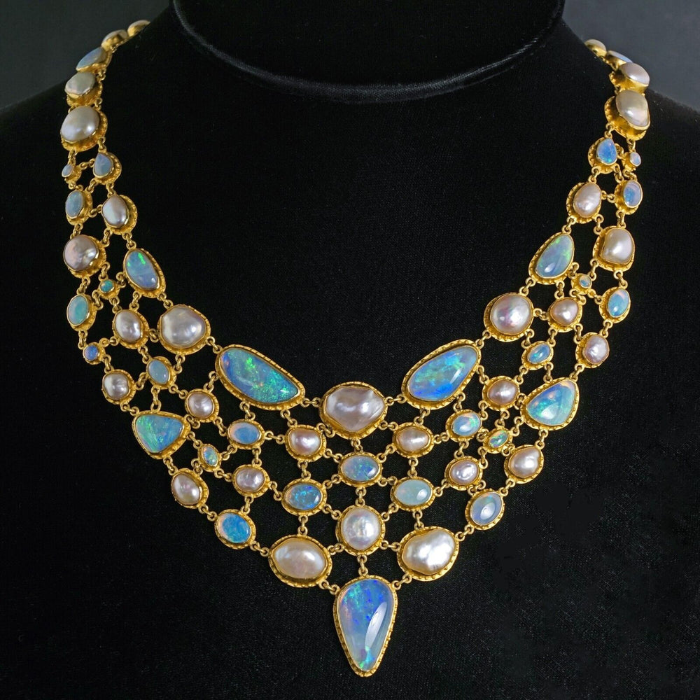 Amazing Carolyn Tyler 22K Gold Crystal Opal & Pearl Fishnet Bib Necklace
