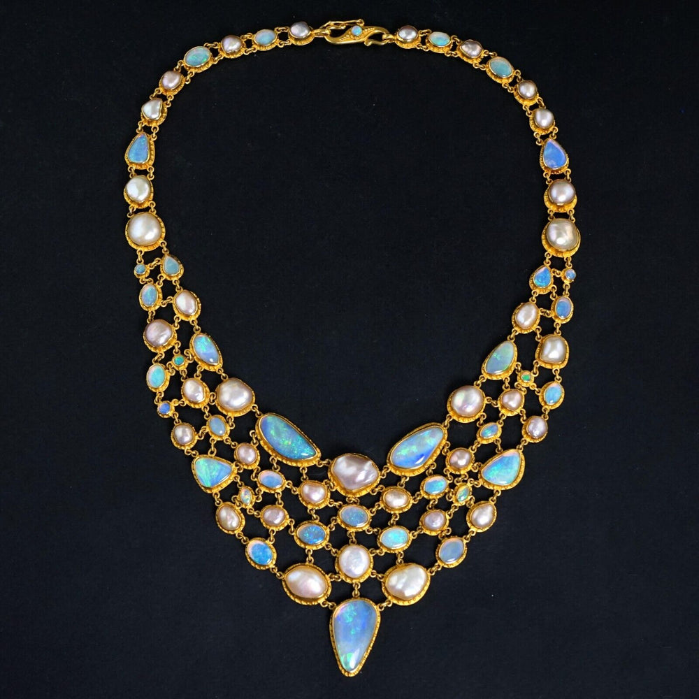 Amazing Carolyn Tyler 22K Gold Crystal Opal & Pearl Fishnet Bib Necklace, Olde Towne Jewelers, Santa Rosa CA.
