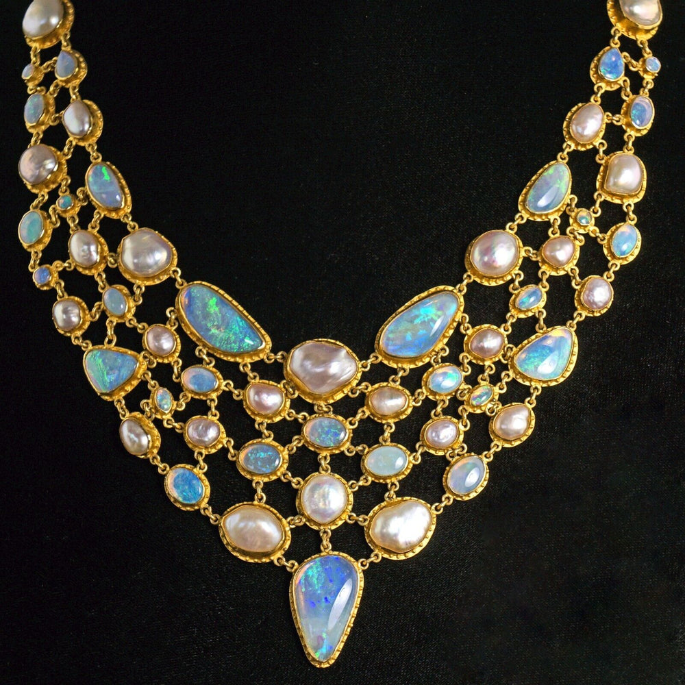 Amazing Carolyn Tyler 22K Gold Crystal Opal & Pearl Fishnet Bib Necklace, Olde Towne Jewelers, Santa Rosa CA.