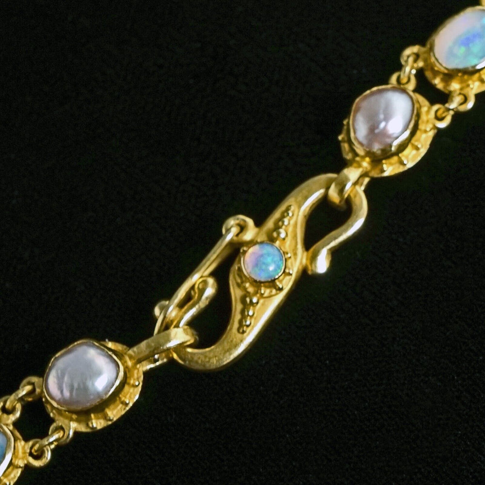Amazing Carolyn Tyler 22K Gold Crystal Opal & Pearl Fishnet Bib Necklace, Olde Towne Jewelers, Santa Rosa CA.
