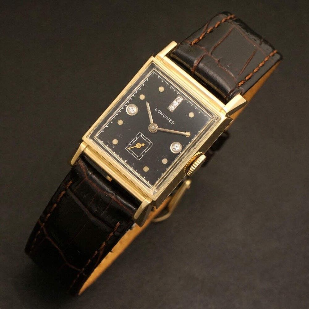 Stunning 1947 Longines 14K Yellow Gold & Black Diamond Dial Man's Watch, Olde Towne Jewelers Santa Rosa CA.