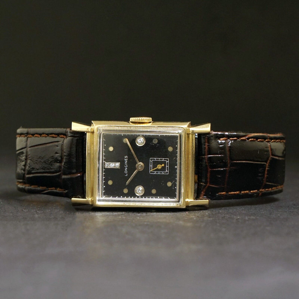 Stunning 1947 Longines 14K Yellow Gold & Black Diamond Dial Man's Watch, Olde Towne Jewelers Santa Rosa CA.