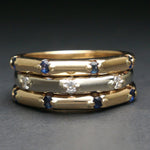 Two Tone Solid 14K Gold, Sapphire & Diamond Tapered Triple Stack Band Ring