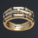 Two Tone Solid 14K Gold, Sapphire & Diamond Tapered Triple Stack Band Ring, Olde Towne Jewelers, Santa Rosa CA.