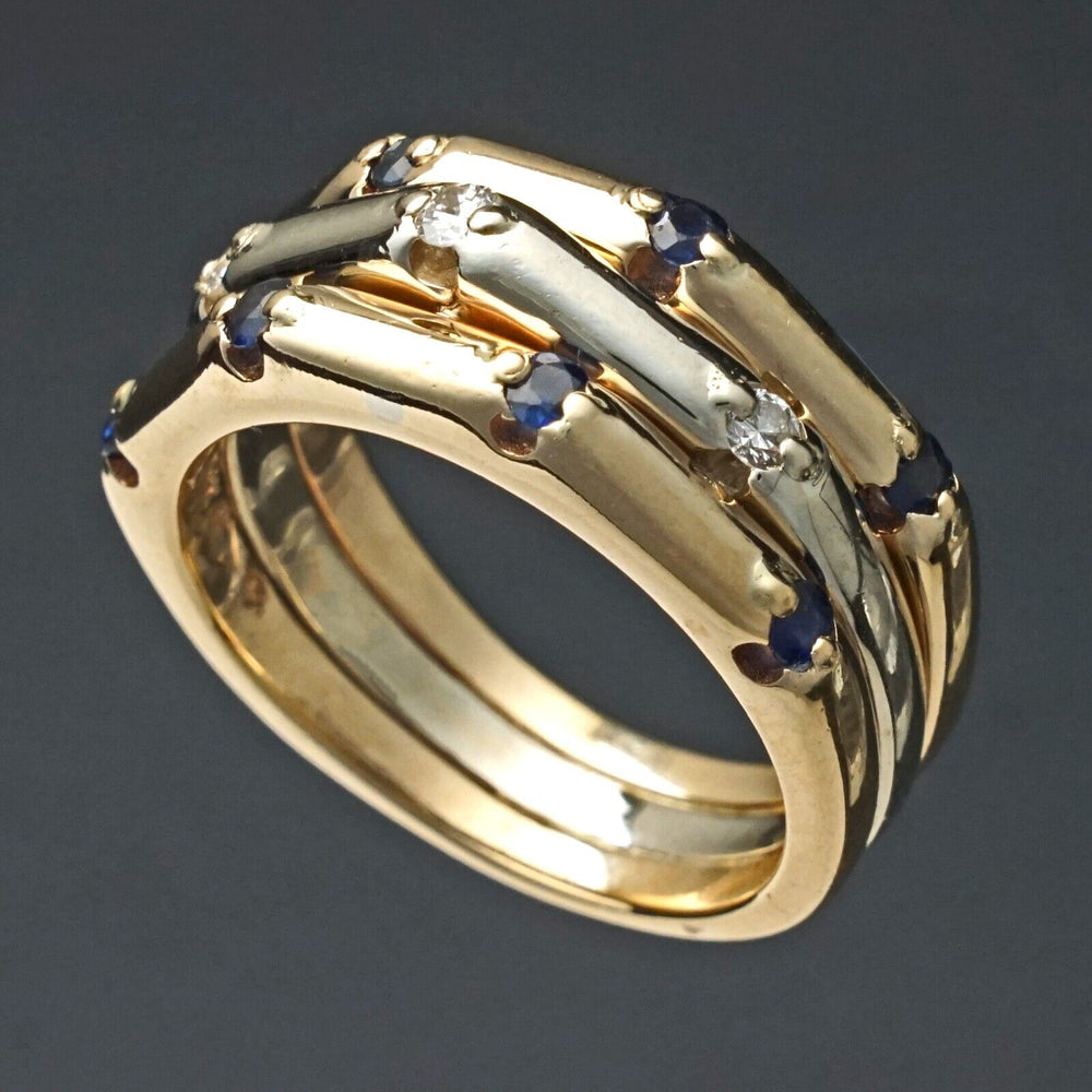 Two Tone Solid 14K Gold, Sapphire & Diamond Tapered Triple Stack Band Ring, Olde Towne Jewelers, Santa Rosa CA.