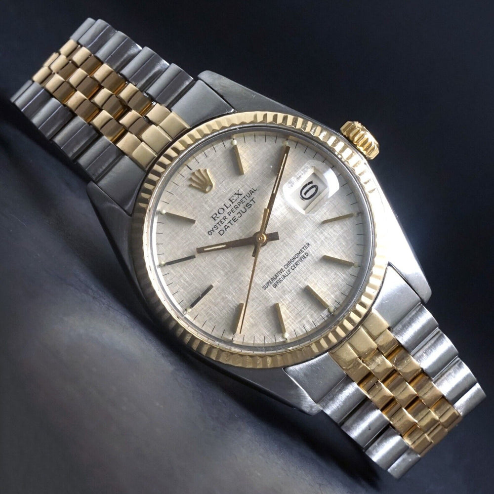 Stunning 1980 Rolex 16013 Datejust Watch Two Tone Rare Linen Dial, Serviced 36mm, Olde Towne Jewelers, Santa Rosa CA.