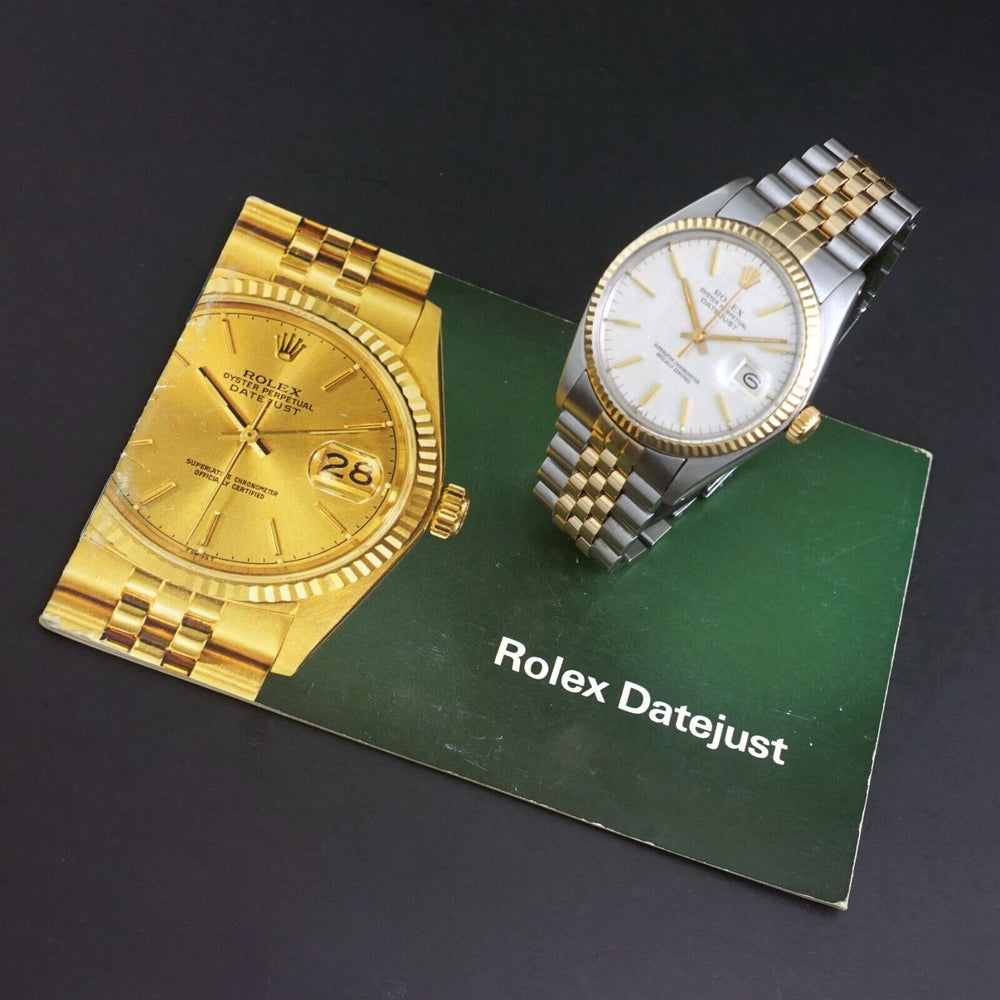 Stunning 1980 Rolex 16013 Datejust Watch Two Tone Rare Linen Dial, Serviced 36mm, Olde Towne Jewelers, Santa Rosa CA.