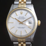 Stunning 1980 Rolex 16013 Datejust Watch Two Tone Rare Linen Dial, Serviced 36mm, Olde Towne Jewelers, Santa Rosa CA.