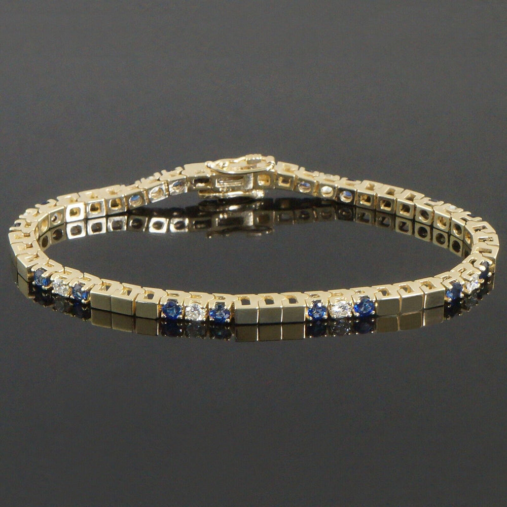 Unique Solid 14K Yellow Gold, Sapphire & Diamond Line Link 7" Tennis Bracelet