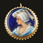 Antique Solid 14K Gold & Enamel Lady's Portrait Brooch, Pendant, Made In France, Olde Towne Jewelers, Santa Rosa CA.