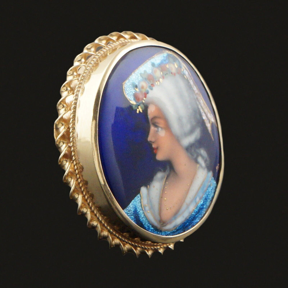 Antique Solid 14K Gold & Enamel Lady's Portrait Brooch, Pendant, Made In France, Olde Towne Jewelers, Santa Rosa CA.