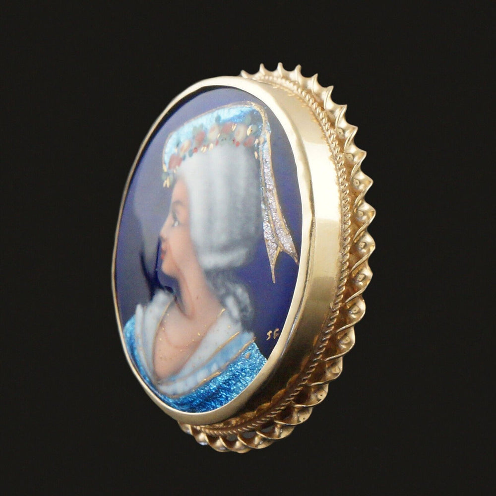 Antique Solid 14K Gold & Enamel Lady's Portrait Brooch, Pendant, Made In France, Olde Towne Jewelers, Santa Rosa CA.