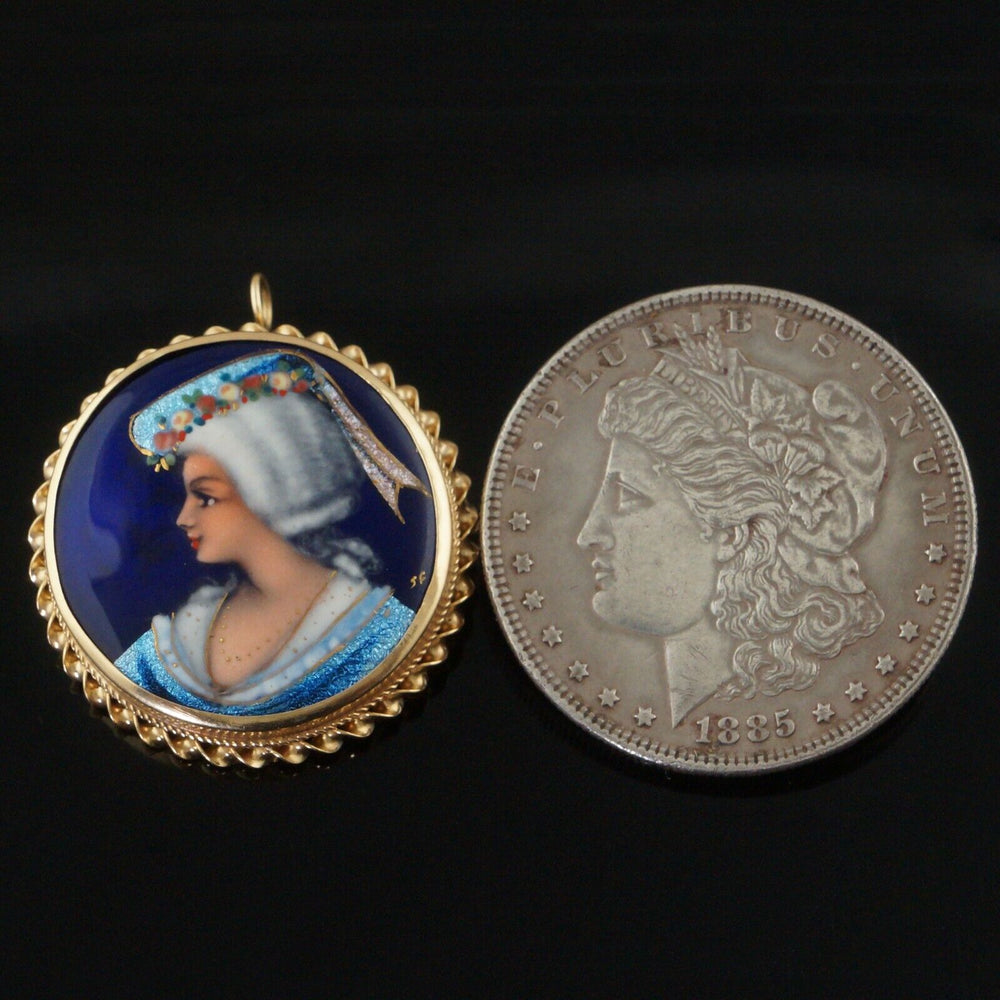 Antique Solid 14K Gold & Enamel Lady's Portrait Brooch, Pendant, Made In France, Olde Towne Jewelers, Santa Rosa CA.