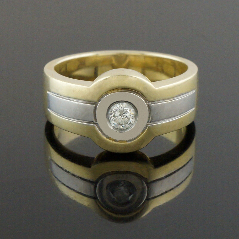 Heavy Wide Two Tone Solid 18K Gold Bezel Set Solitaire Diamond Man's Cigar Band, Olde Towne Jewelers, Santa Rosa CA.