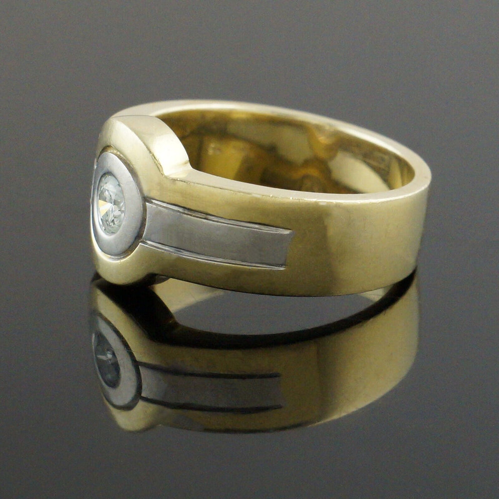 Heavy Wide Two Tone Solid 18K Gold Bezel Set Solitaire Diamond Man's Cigar Band, Olde Towne Jewelers, Santa Rosa CA.