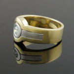 Heavy Wide Two Tone Solid 18K Gold Bezel Set Solitaire Diamond Man's Cigar Band, Olde Towne Jewelers, Santa Rosa CA.