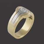 Heavy Wide Two Tone Solid 18K Gold Bezel Set Solitaire Diamond Man's Cigar Band, Olde Towne Jewelers, Santa Rosa CA.