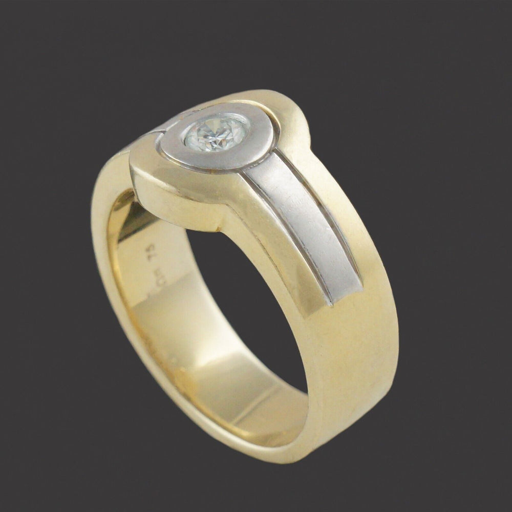 Heavy Wide Two Tone Solid 18K Gold Bezel Set Solitaire Diamond Man's Cigar Band, Olde Towne Jewelers, Santa Rosa CA.