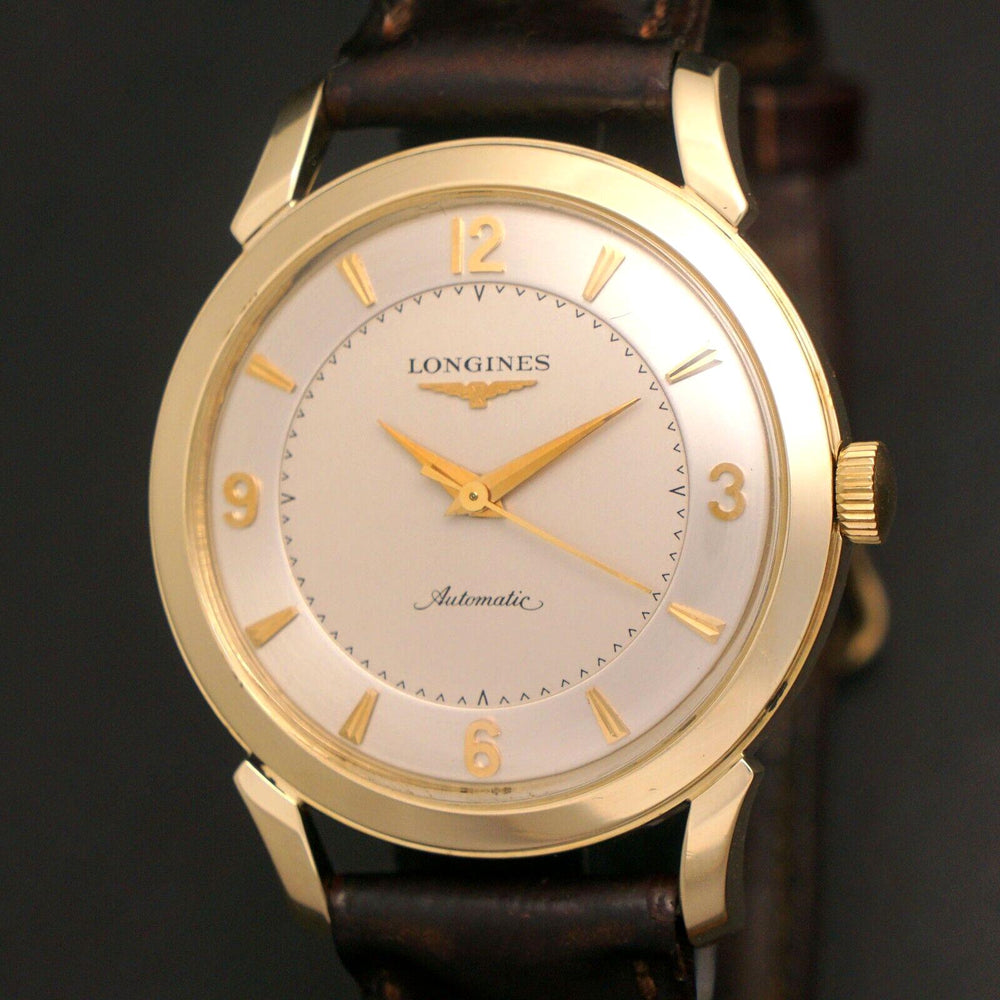 Stunning 1954 Longines Automatic 14K Gold Man's 35mm Watch Orig Box, Papers Tags, Olde Towne Jewelers, Santa Rosa CA.