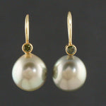 Solid 18K Gold, Pistachio Tahitian Pearl & Green Tourmaline Drop Dangle Earrings