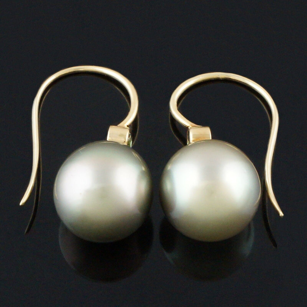 Solid 18K Gold, Pistachio Tahitian Pearl & Green Tourmaline Drop Dangle Earrings, Olde Towne Jewelers, Santa Rosa CA.