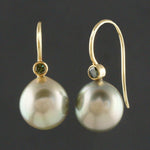 Solid 18K Gold, Pistachio Tahitian Pearl & Green Tourmaline Drop Dangle Earrings, Olde Towne Jewelers, Santa Rosa CA.