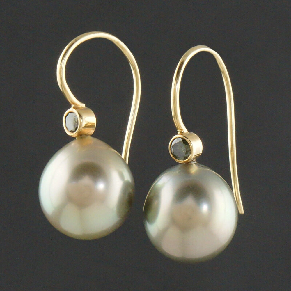 Solid 18K Gold, Pistachio Tahitian Pearl & Green Tourmaline Drop Dangle Earrings, Olde Towne Jewelers, Santa Rosa CA.