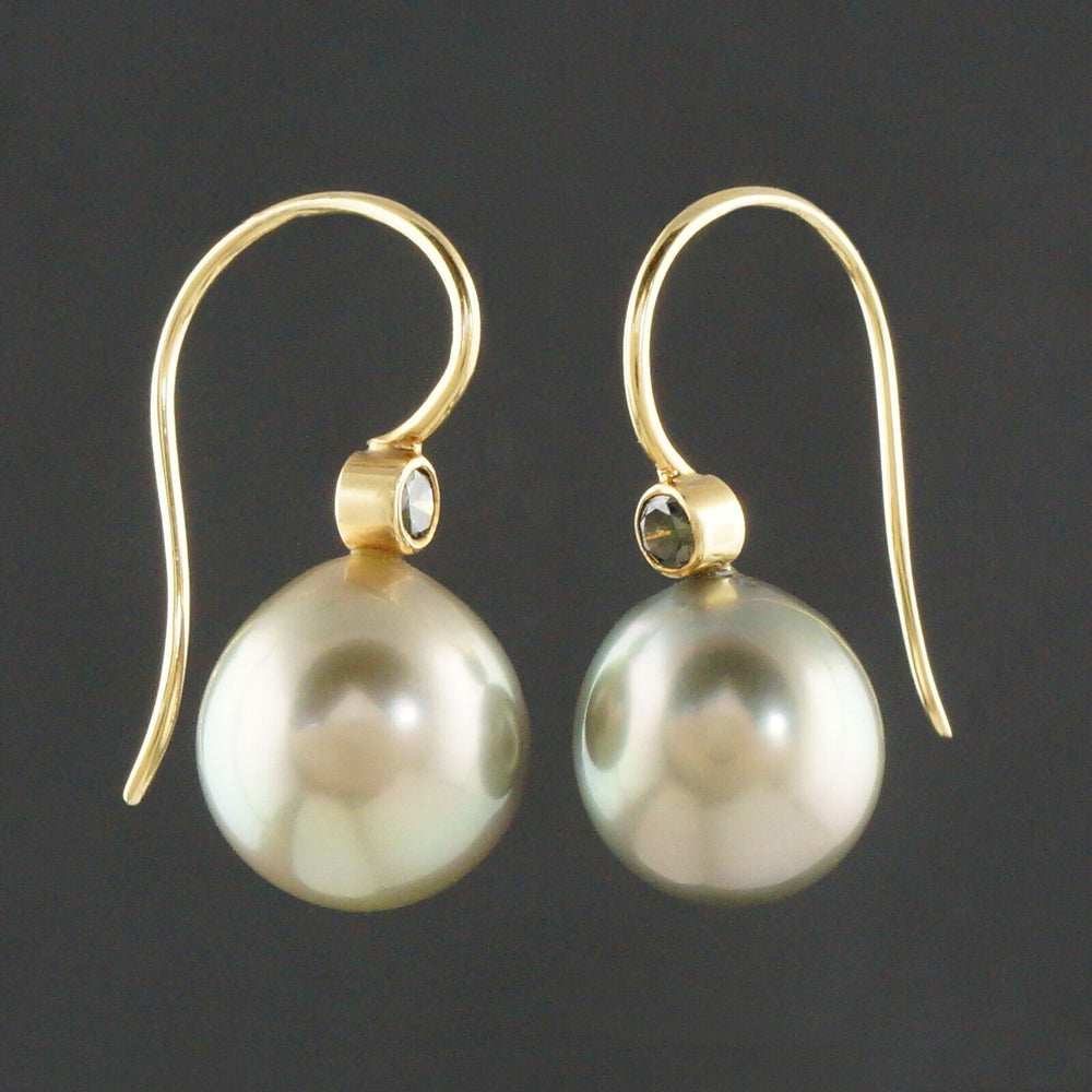 Solid 18K Gold, Pistachio Tahitian Pearl & Green Tourmaline Drop Dangle Earrings, Olde Towne Jewelers, Santa Rosa CA.