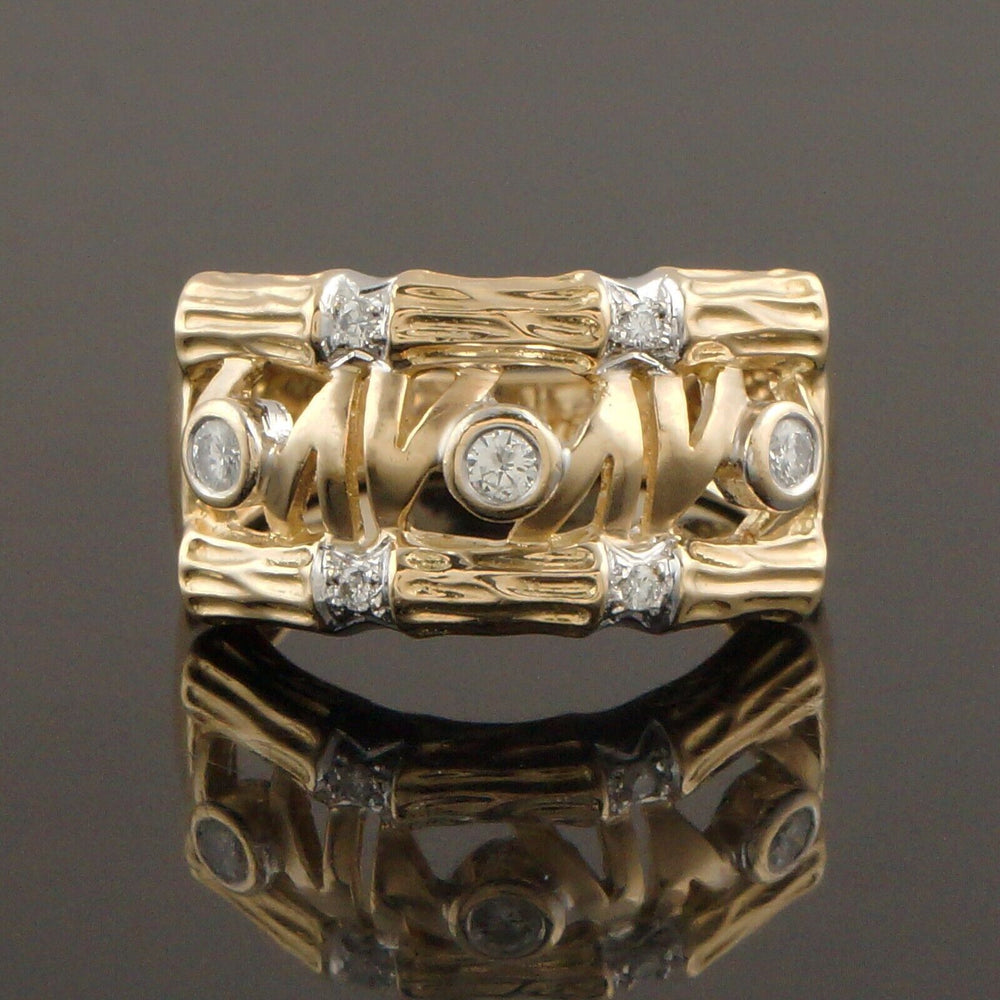 Modernist Solid 18K Yellow Gold Filigree, .22 CTW Diamond Cigar Band Estate Ring, Olde Towne Jewelers, Santa Rosa CA.