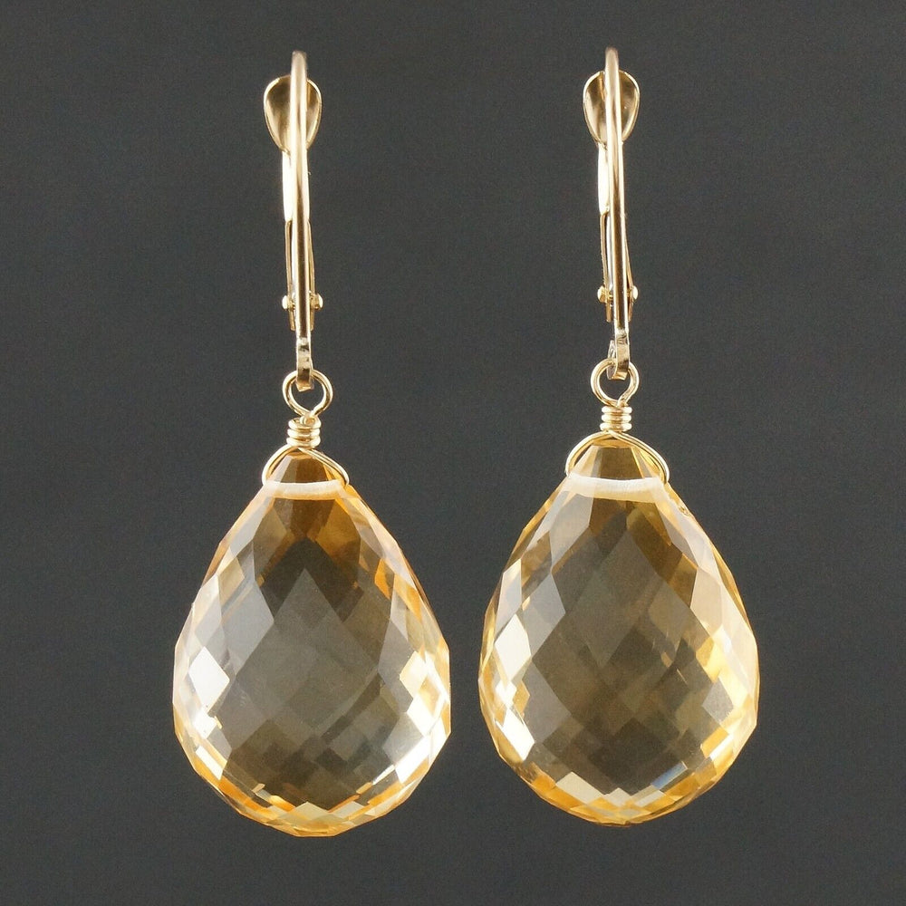 Solid 14K Yellow Gold & Briolette Cut Tear Drop Citrine Drop Dangle Earrings