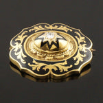 Victorian Solid 14K Yellow Gold, Black Enamel & OMC Diamond Mourning Brooch, Olde Towne Jewelers, Santa Rosa CA.