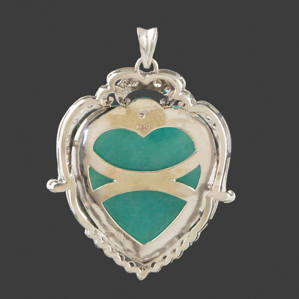 Vintage Solid 14K White Gold, Green Jade & Diamond Accent Heart Estate Pendant, Olde Towne Jewelers, Santa Rosa CA.