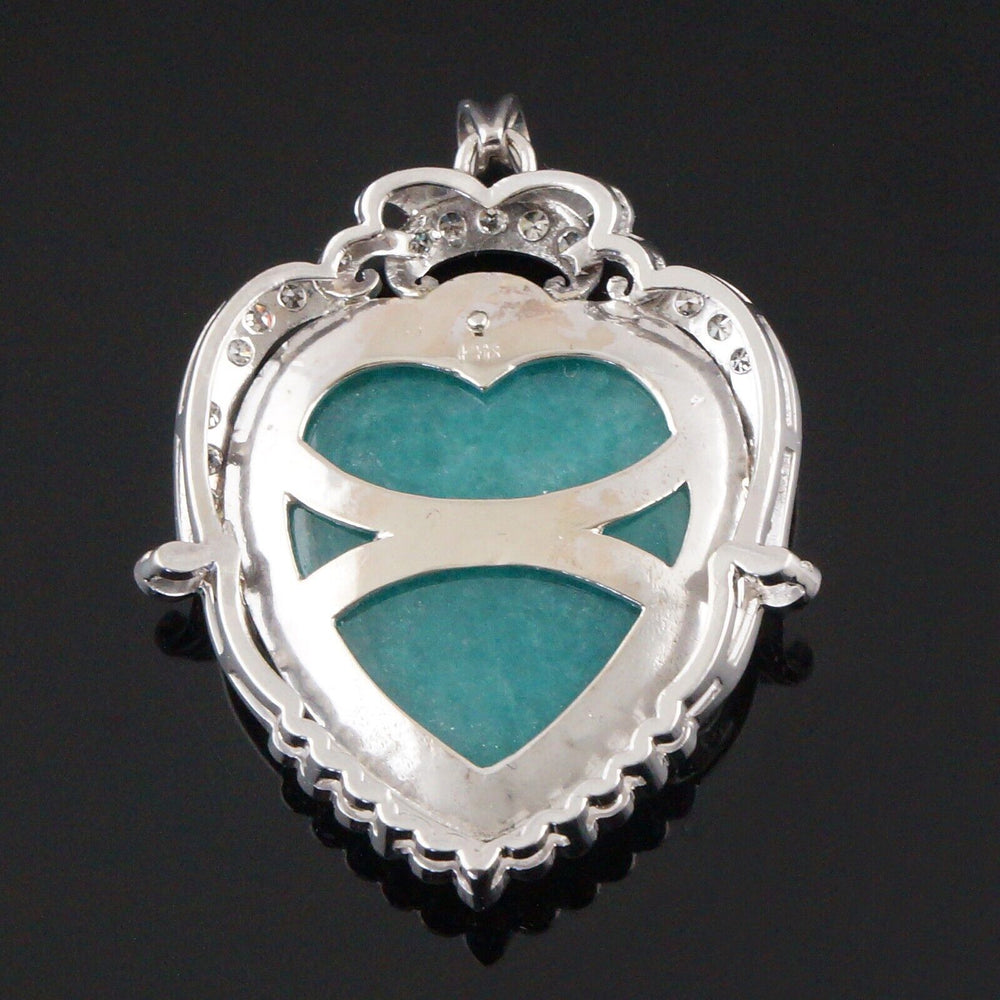 Vintage Solid 14K White Gold, Green Jade & Diamond Accent Heart Estate Pendant, Olde Towne Jewelers, Santa Rosa CA.