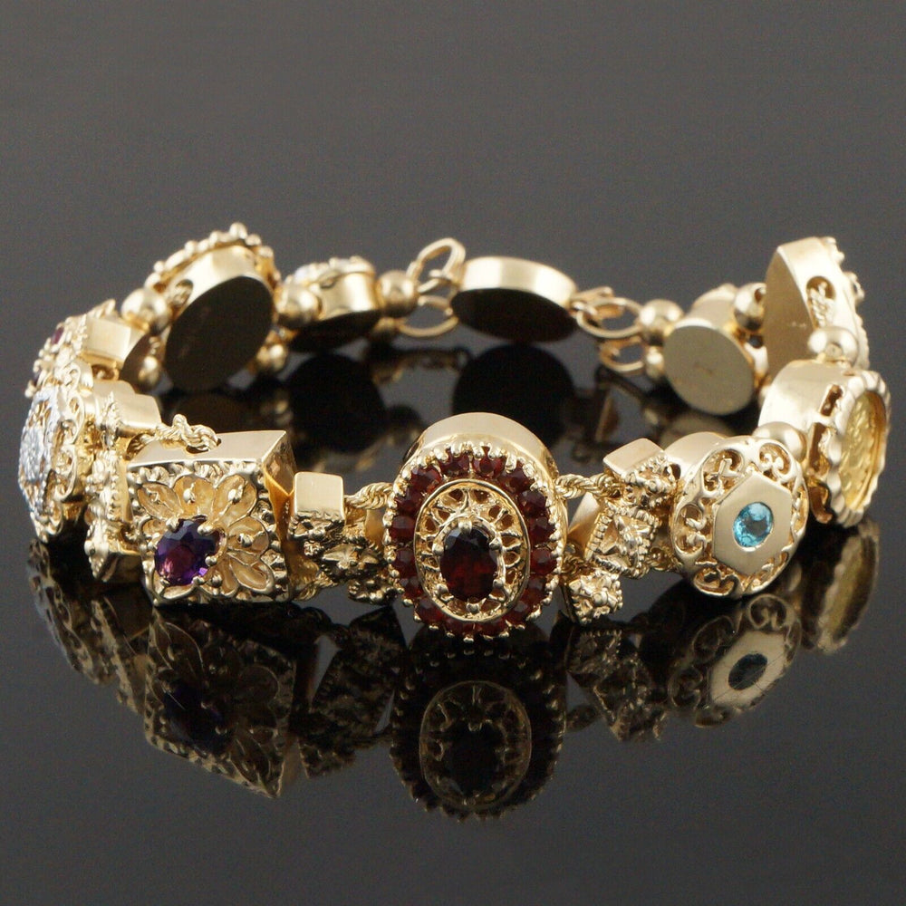 Solid 14K Yellow Gold Multi Color Gemstone Victorian Revival Slide Bracelet, Olde Towne Jewelers, Santa Rosa CA.