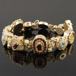 Solid 14K Yellow Gold Multi Color Gemstone Victorian Revival Slide Bracelet