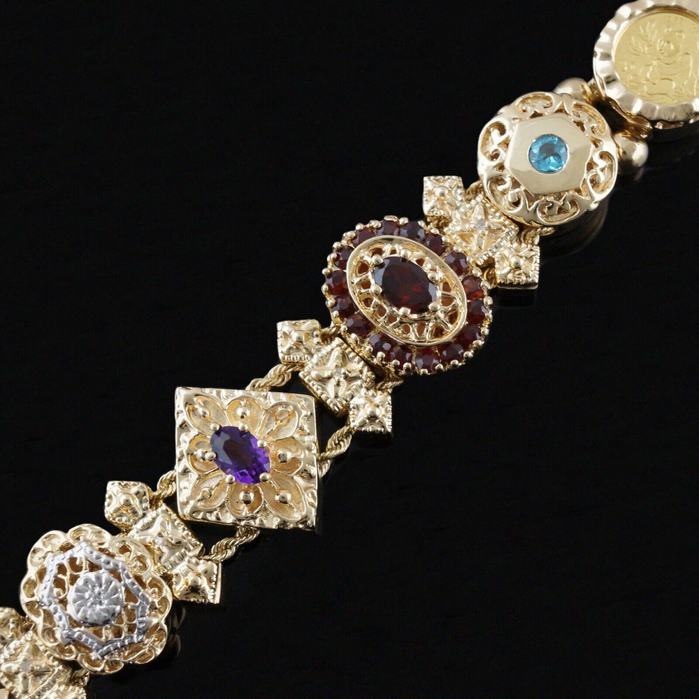 Solid 14K Yellow Gold Multi Color Gemstone Victorian Revival Slide Bracelet, Olde Towne Jewelers, Santa Rosa CA.