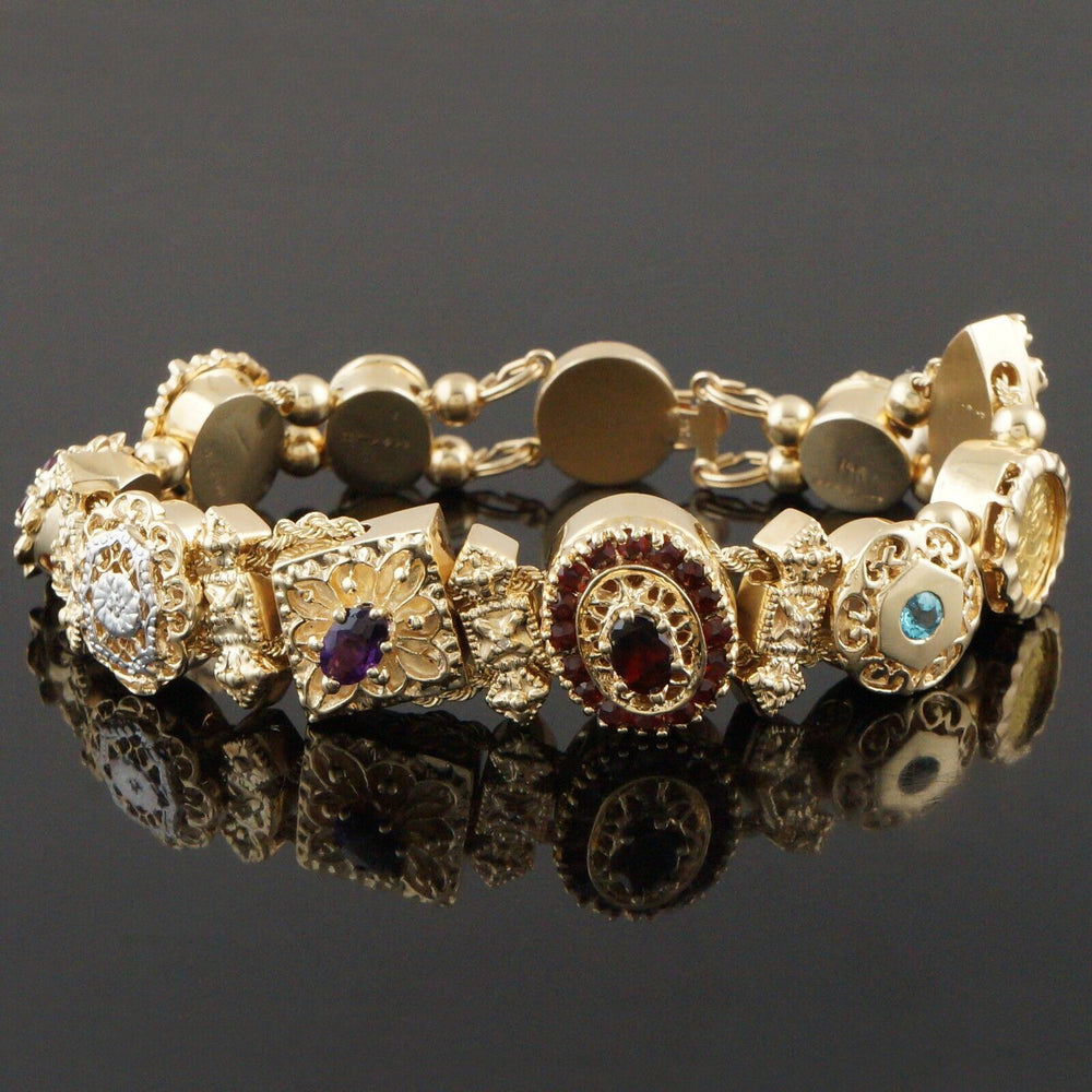 Solid 14K Yellow Gold Multi Color Gemstone Victorian Revival Slide Bracelet, Olde Towne Jewelers, Santa Rosa CA.