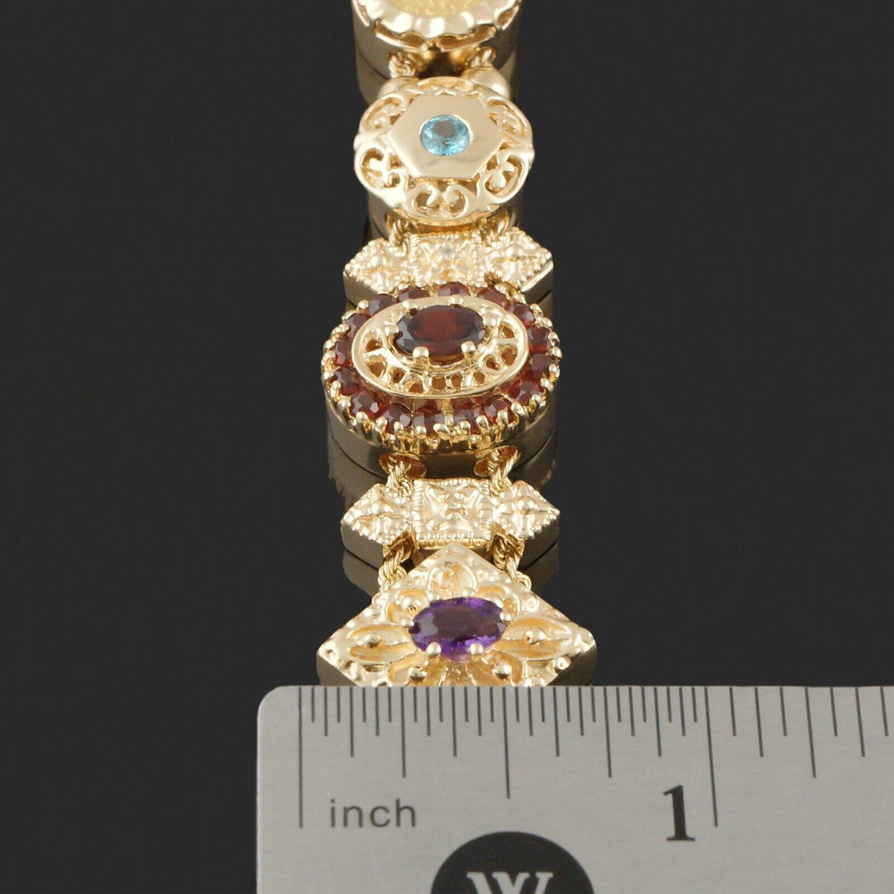 Solid 14K Yellow Gold Multi Color Gemstone Victorian Revival Slide Bracelet, Olde Towne Jewelers, Santa Rosa CA.