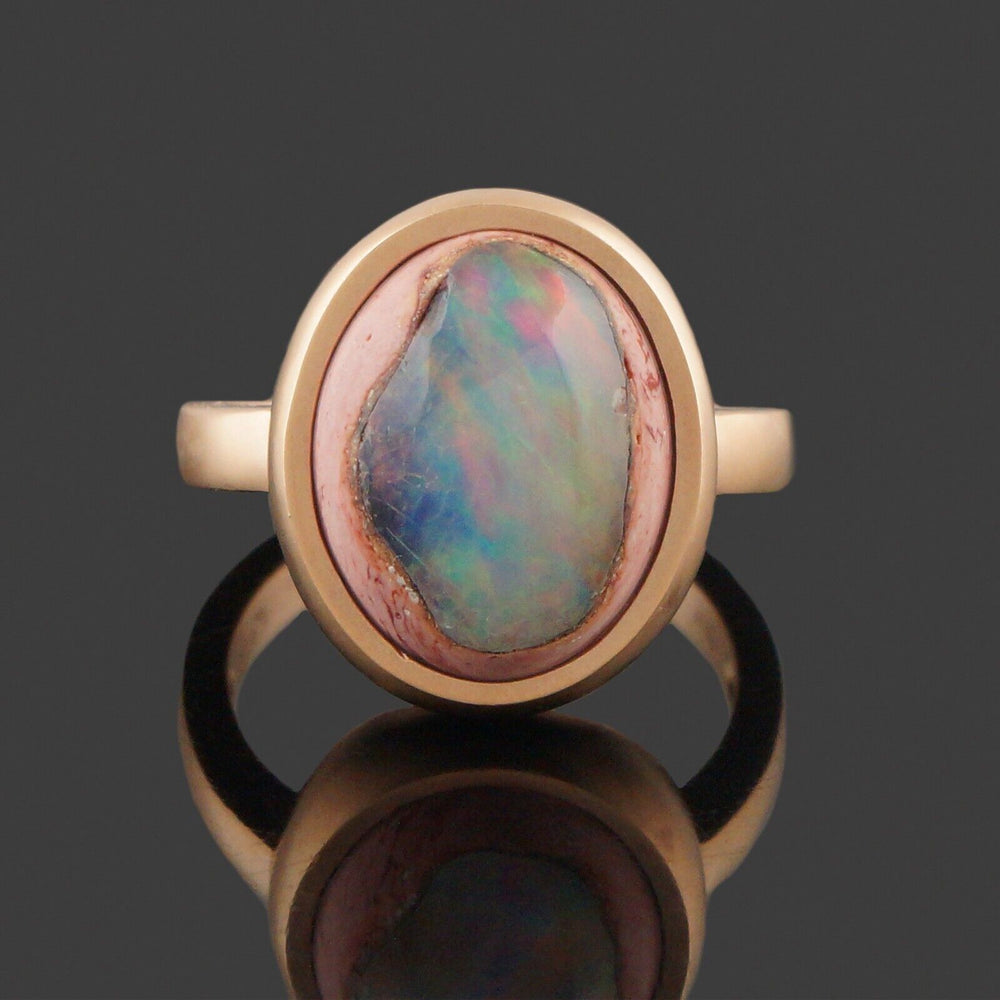 Choy Solid 18K Rose Gold & Bezel Set Boulder Opal Cabochon Estate Ring