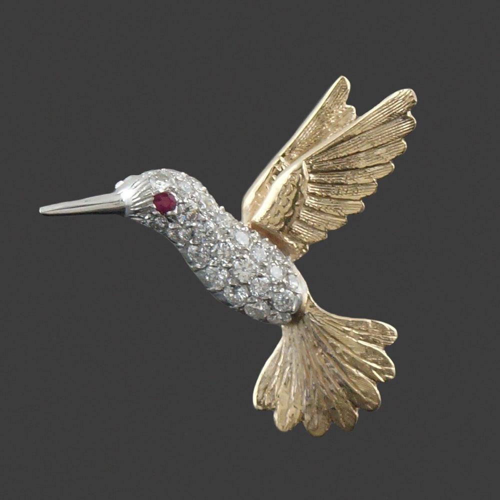 Engraved Two Tone Solid 14K Gold Diamond & Ruby Eye Hummingbird Pin, Brooch