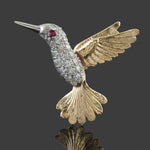 Engraved Two Tone Solid 14K Gold Diamond & Ruby Eye Hummingbird Pin, Brooch, Olde Towne Jewelers, Santa Rosa CA.