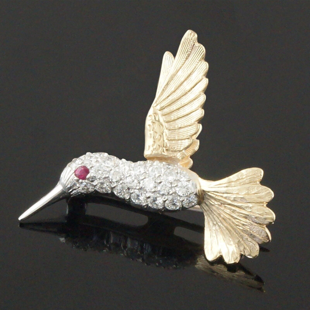 Engraved Two Tone Solid 14K Gold Diamond & Ruby Eye Hummingbird Pin, Brooch, Olde Towne Jewelers, Santa Rosa CA.
